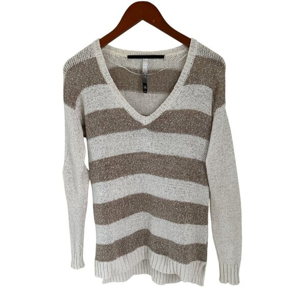 KENSIE Sweater Women's Small Beige Tan Striped Long Sleeve V-Neck Open Knit - Picture 1 of 8
